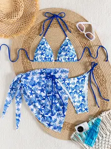 Women's Beach Vacation Starfish Print Halter Bikini Set with Matching Sheer Cover, Stylish Swimsuit for Summer Holidays