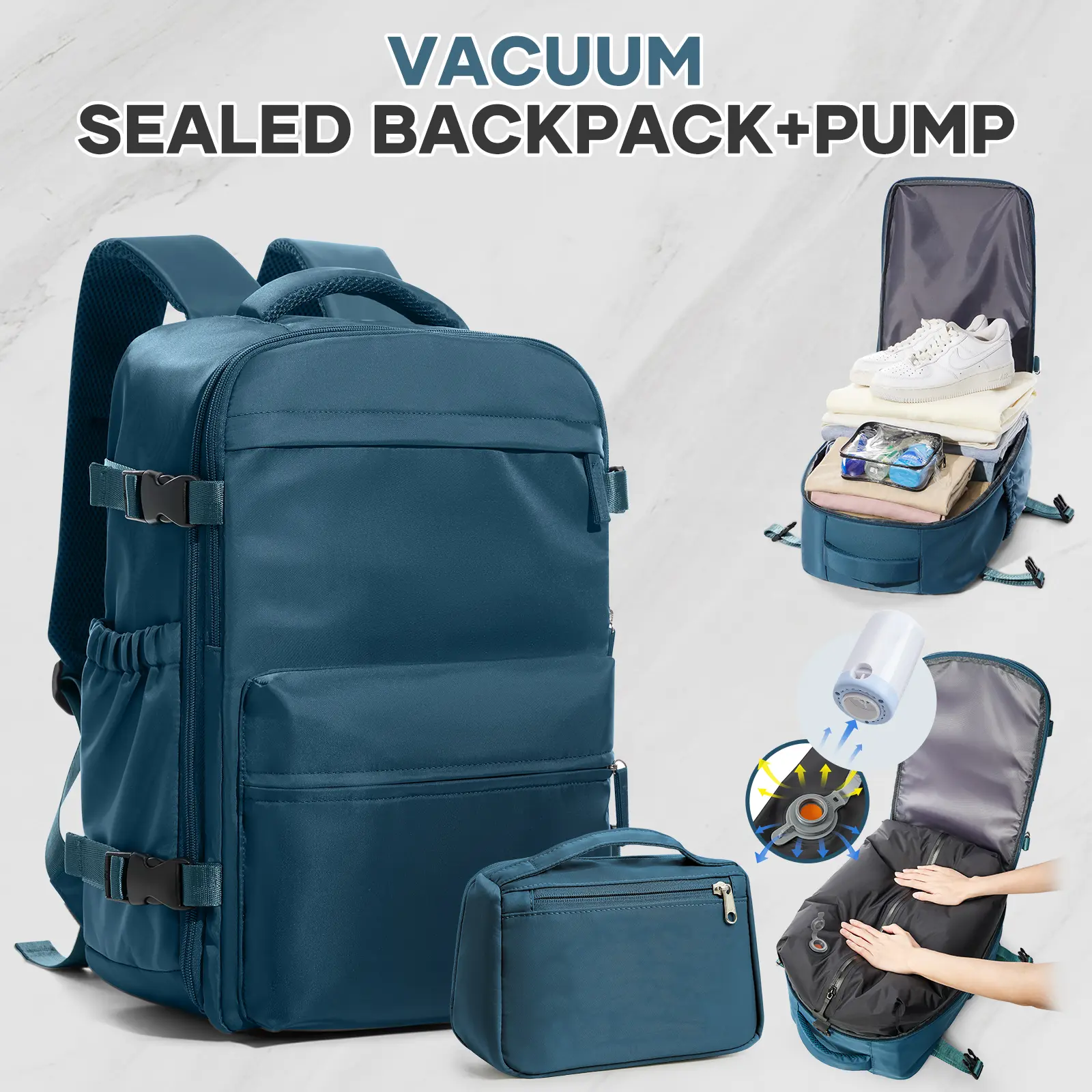 Vacuum compression sealed travel backpack with pump, unisex, meets TSA carry-on size restrictions for air travel, portable travel backpack with vacuum system, black/green/gray-brown