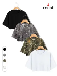 Women's Crop Top Tee Set, Tie-Dye & Solid Colors, Oversized Crew Neck Design, Soft Breathable Fabric, All-Day Comfort