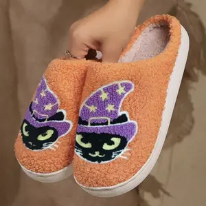 Halloween Fall House Slippers Cat Embroidered Spooky Autumn and Winter Girl Shoe