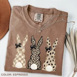 Comfort Colors Neutral Easter Bunny T-Shirt, Leopard and Checkered Pattern Graphic Tee, Cute Coquette Spring Shirt for Women, Soft Casual Easter Outfit - HARSIN