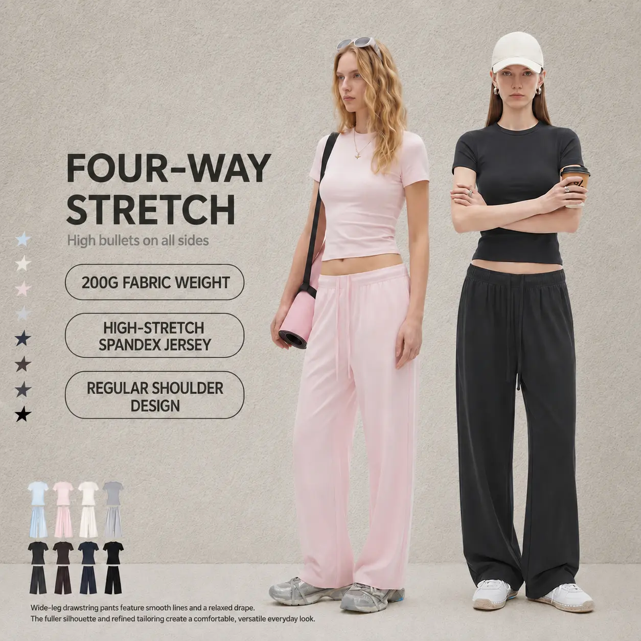 Women’s 2-Piece Cotton Stretch Lounge Set, Slim-Fit Crew Neck Short Sleeve T-Shirt and Straight-Leg Pants, Soft  Casual Activewear Matching Outfit for Travel, Workout and Daily Wear