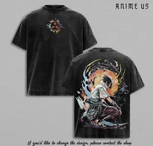 Sasuke Uchiha Vintage Washed Oversized Tee | Eternal Mangekyo Sharingan Graphic Shirt | Fire & Shadow Anime Streetwear | Naruto Inspired Design | Gift for Anime & Manga Fans