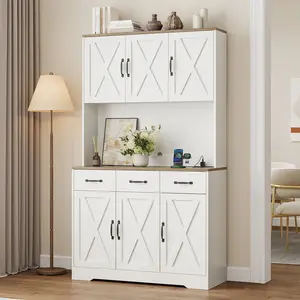 A FUSOU 71" Tall Pantry Cabinet with Charging Station，Large Modern Pantry Storage Cabinet with Adjustable Shelves, 3 Drawers & 6 Barn Doors，41" Wide Kitchen Hutch with Open Countertop for Dining Room，White