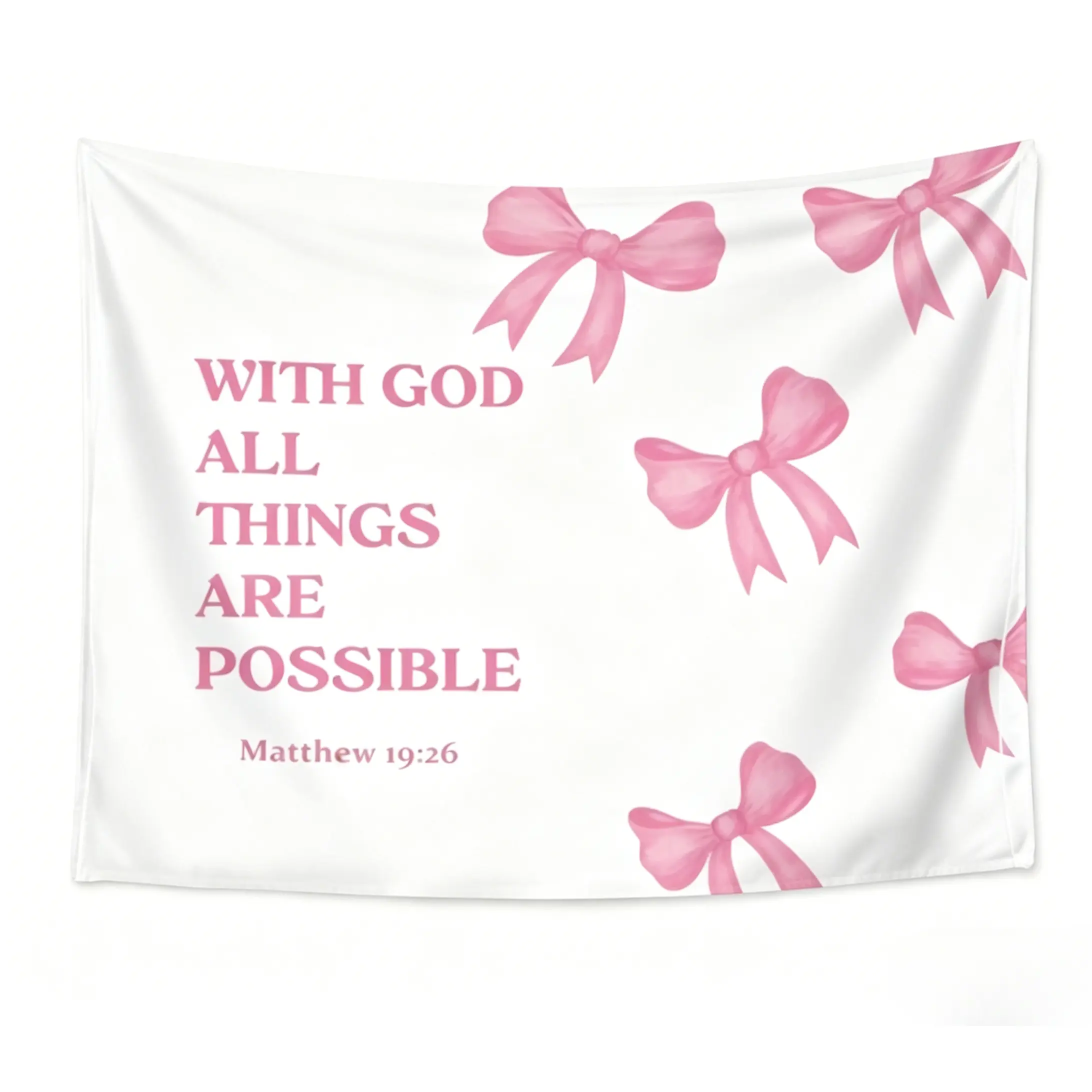 Coquette Pink Bow Christian Verse Graphic Tapestry Wall Hanging, Cotton-Polyester Decorative Cute Tapestry, Preppy 50x60in Inspirational Wall Art for Girls' Room, "With God All Things Are Possible" Bible Verse Decor