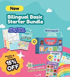 Bilingual Basics Starter Bundle - Activity Cards, Educational Posters & Sticker Coloring Calendar for Kids