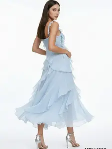 MDU4832 Designer Dress: Feminine Flared Skirt with Pastel Blue Ruffle Tiers