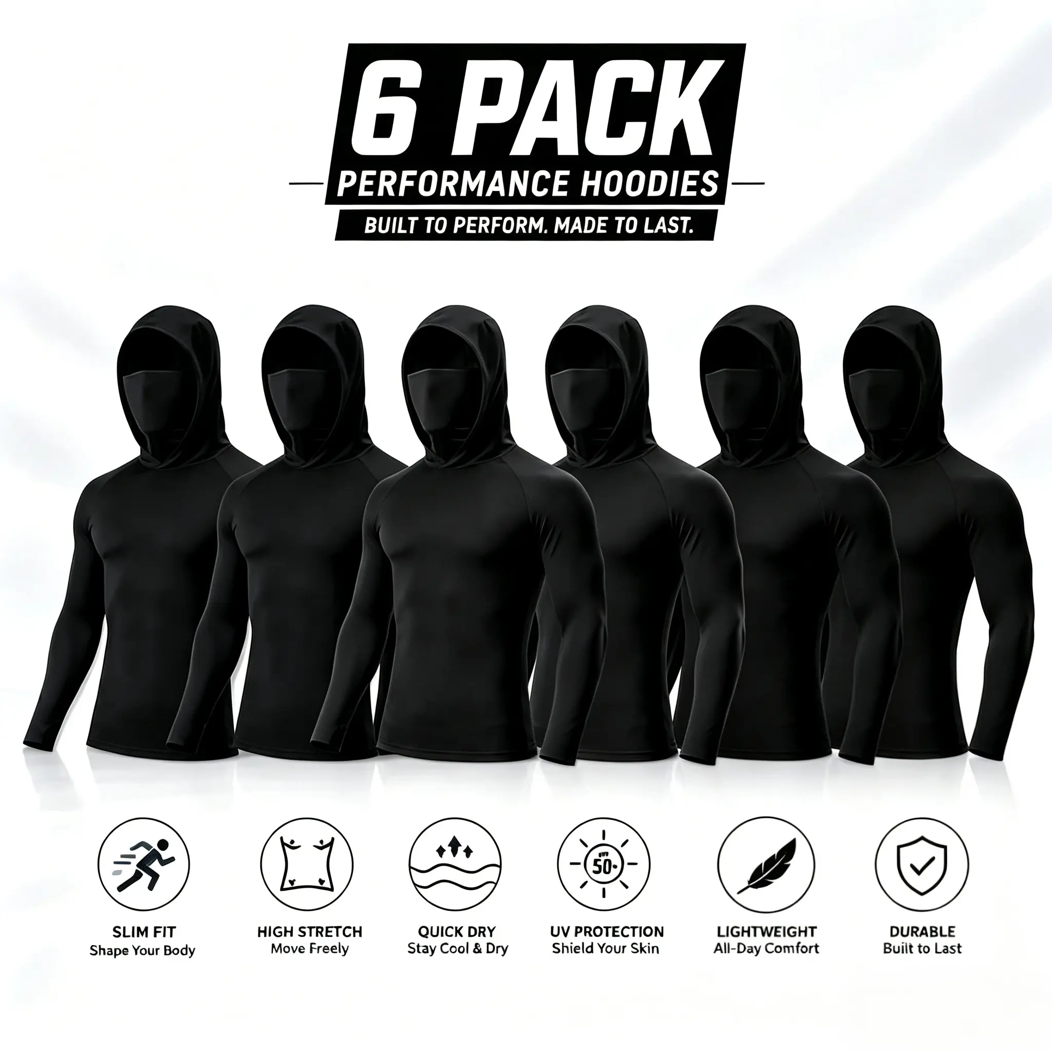 Men's 6-Pack All Black Lightweight Performance Hoodies, Long Sleeve Hooded Tops with Built-In Face Mask, Breathable Moisture Wicking UPF Sun Protection Compression Athletic Shirts for Gym Fishing Running Hiking Construction