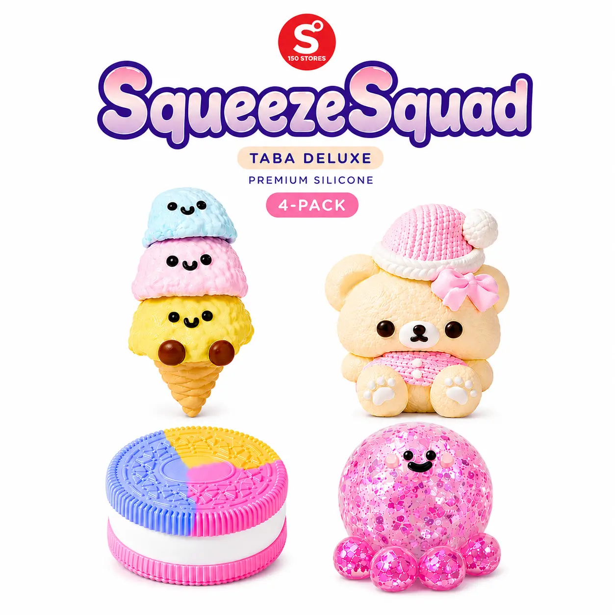 SqueezeSquad Taba Deluxe Premium Silicone Squishies® 4-Piece Stress Relief Fidget Toy Bundle