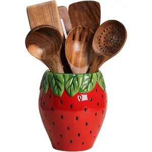 Strawberry Shaped Ceramic Kitchen Utensil Holder, Large Cooking Utensil Crocks for Kitchen Countertop, Ceramic Utensil Organizer for Spatula, Kitchen,  Decoration-Retro Red