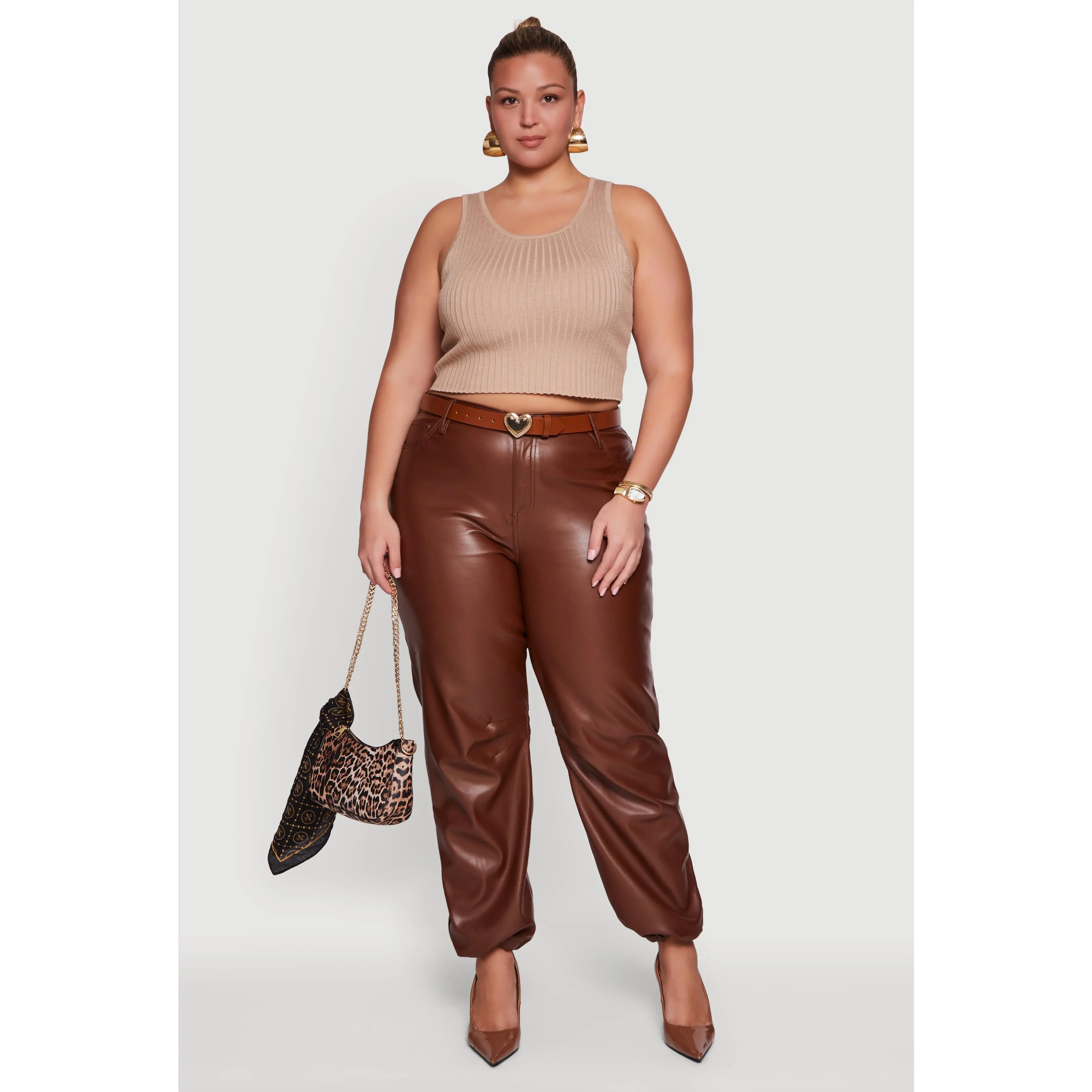 Plus Size Fleece Lined High Waisted Faux Leather Joggers
