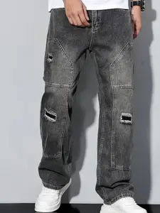Men's Fall Winter Jeans, Loose Straight Leg, Ripped Design, Pocket, All-Season Wear, Wide Leg Pants, Street Style, Comfortable Denim, Menswear, Streetwear