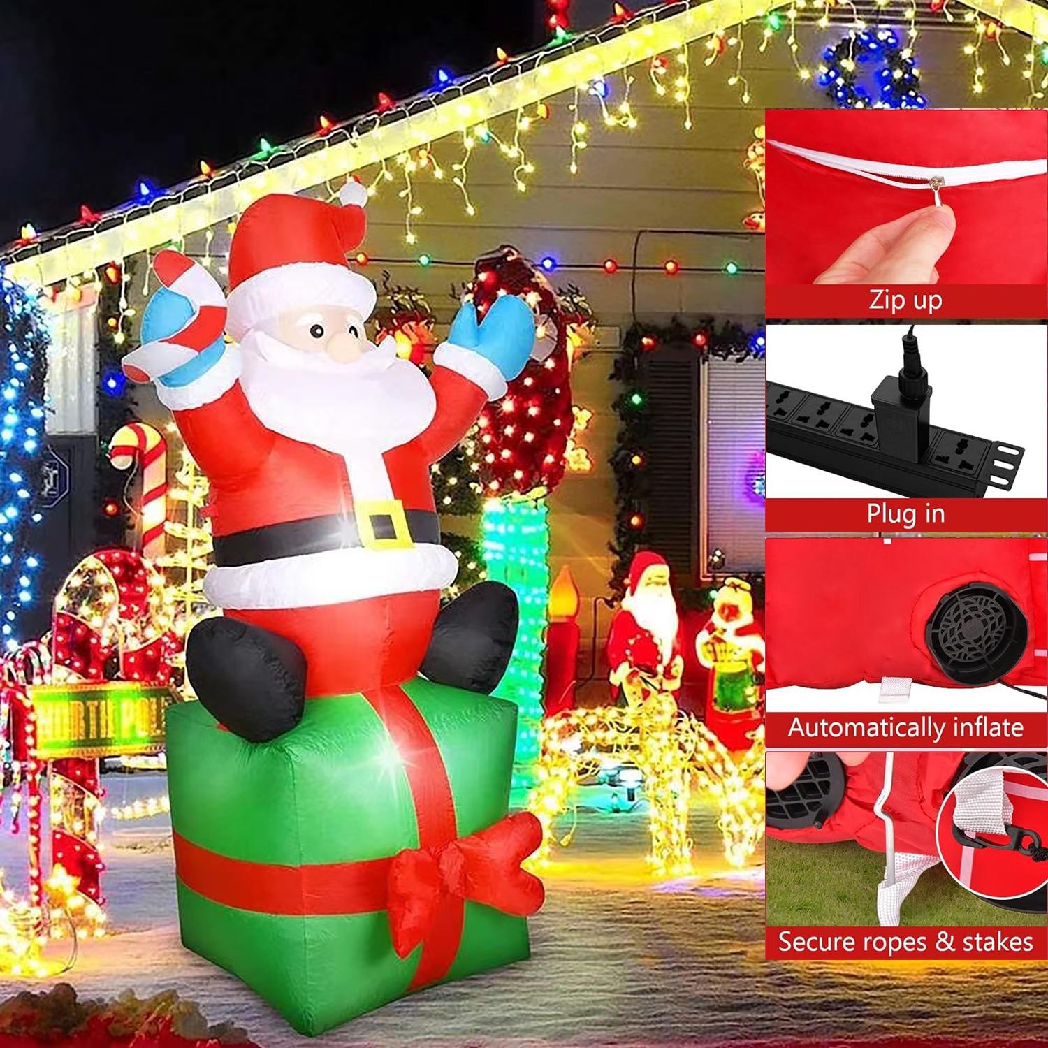 6FT Christmas Inflatables Santa Outdoor Decorations, Santa Claus Inflatable with Led Lights Xmas Blow up Yard Decorations for Square Lawn Garden Patio Holiday Party Decor