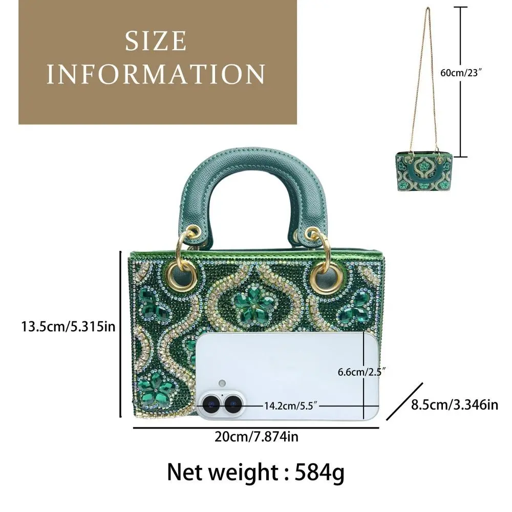 Fashion Dinner Bag Shiny Rhinestone Banquet Bag Elegant Temperament Shoulder Bag Green Crystal Design