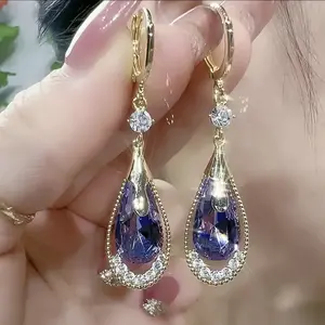 Sequined Teardrop-Shaped Pendant Earrings in Green & Purple for Women High-Quality Alloy Crystal Earrings Perfect for Daily Wear & Gifting