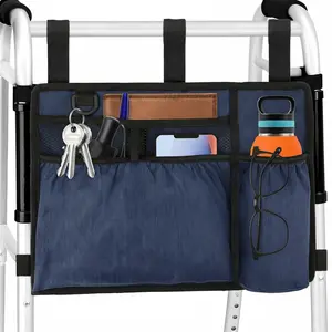 Walker Bag Basket with Cup Holder for Folding Walker Accessories for Seniors, Handicap, Elderly, Foldable & Water Resistant Walker Storage Bags with Big Capacity - Dark Blue