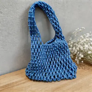 Rural style hollow woven tote bag with white drawstring inner bag as a gift, lightweight hollow solid color cotton rope mesh bag, casual daily macaron color series, summer beach daily versatile item