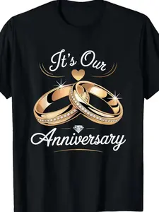 Curated Romantic Celebration Crew - Gold Foil Anniversary Design for Him & Her in Essential Black or White,Suitable for both men and women. Romantic style. Sportswear T-shirt. Lightweight and breathable. Loose and comfortable fit.