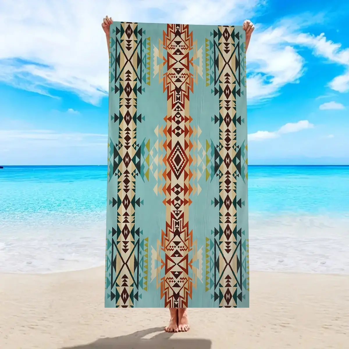 1pc American retro themed beach towel, Bohemian geometric pattern design printed quick drying absorbent large beach towel, suitable for outdoor sports, swimming, yoga, camping, shower and beach vacation essential multifunctional beach towel