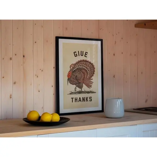Retro Farmhouse Thanksgiving Poster - Give Thanks Turkey Kitchen Decor For Vintage Home Art