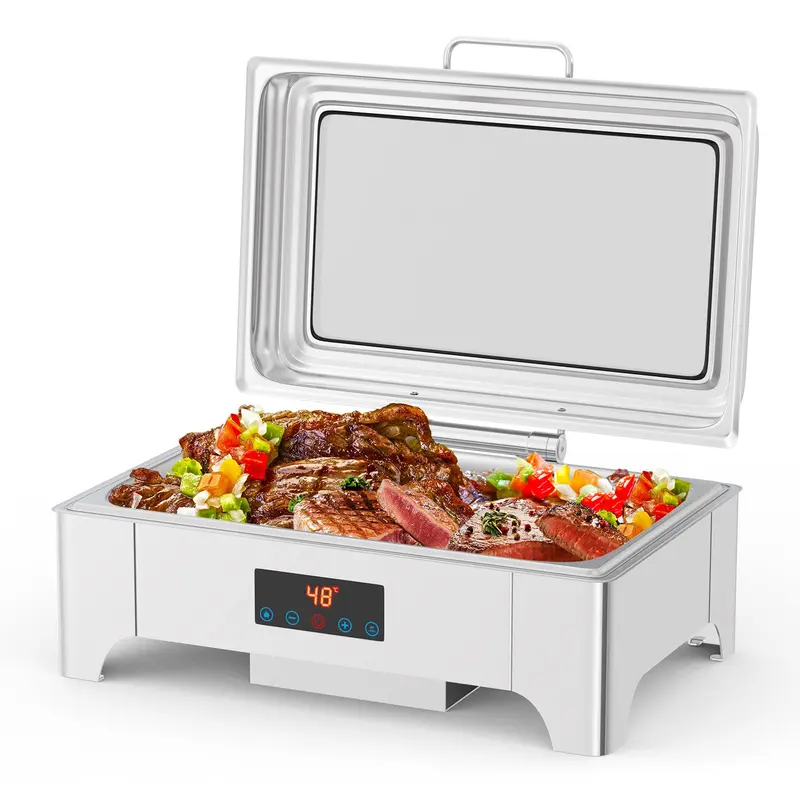 Electric Chafing Dish, 9 QT Full Size Touch Screen Chafing Dishes for Buffet Roll Top Set Food Servers and Warmer with Glass Lid for Catering,Silver
