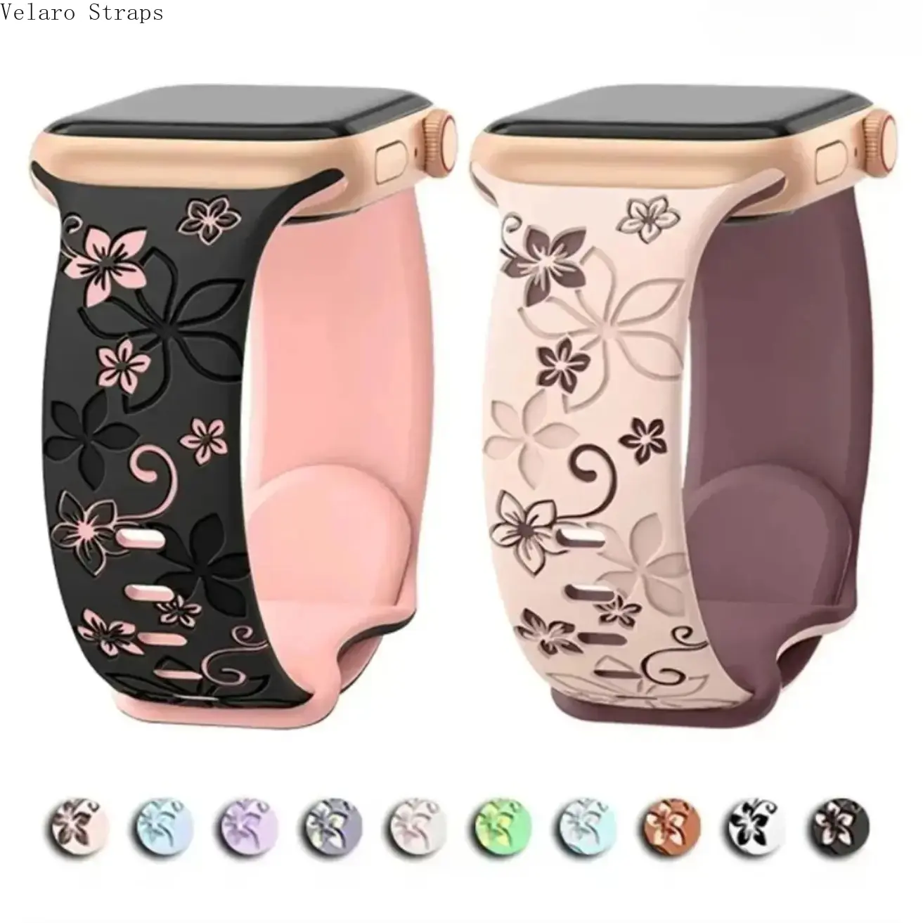 Engraved Floral Silicone Apple Watch Band, Stylish Strap for Series & Ultra (38–49mm)