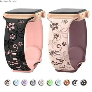 Engraved Floral Silicone Apple Watch Band, Stylish Strap for Series & Ultra (38–49mm)