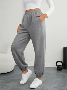 Women's Comfortable Elastic Waist Sport Pants with Pockets, Stretchy Long Workout Trousers, Casual Gym Wear, All Seasons, Gym Sportswear Bottoms