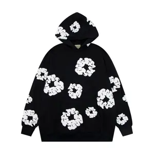 Harajuku Casual Loose Hoodie with Flower Print for Men and Women - Unisex Long Sleeve Floral Pullover, Versatile Casual Sweatshirt Menswear Tops graphic  hoodies Black Motocross