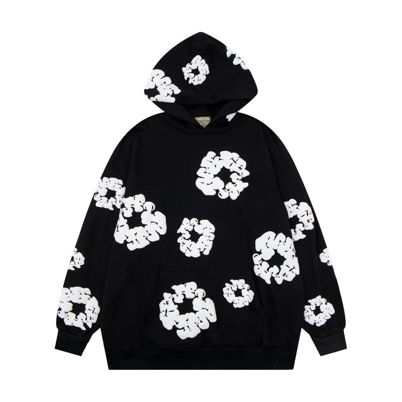Harajuku Casual Loose Hoodie with Flower Print for Men and Women - Unisex Long Sleeve Floral Pullover, Versatile Casual Sweatshirt Menswear Tops graphic  hoodies Black Motocross