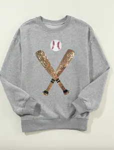 Gray Sequin Baseball Graphic Crewneck Game Day Sweatshirt with Crossed Bats and Ball Design for Casual Wear