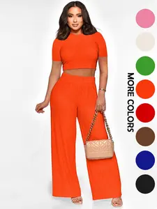 Two-Piece Set Women's Solid Crop Top & Wide Leg Pants, Casual Fashion Cozy Breathable Set for Daily Outdoor Wear, Ladies Clothes for Summer