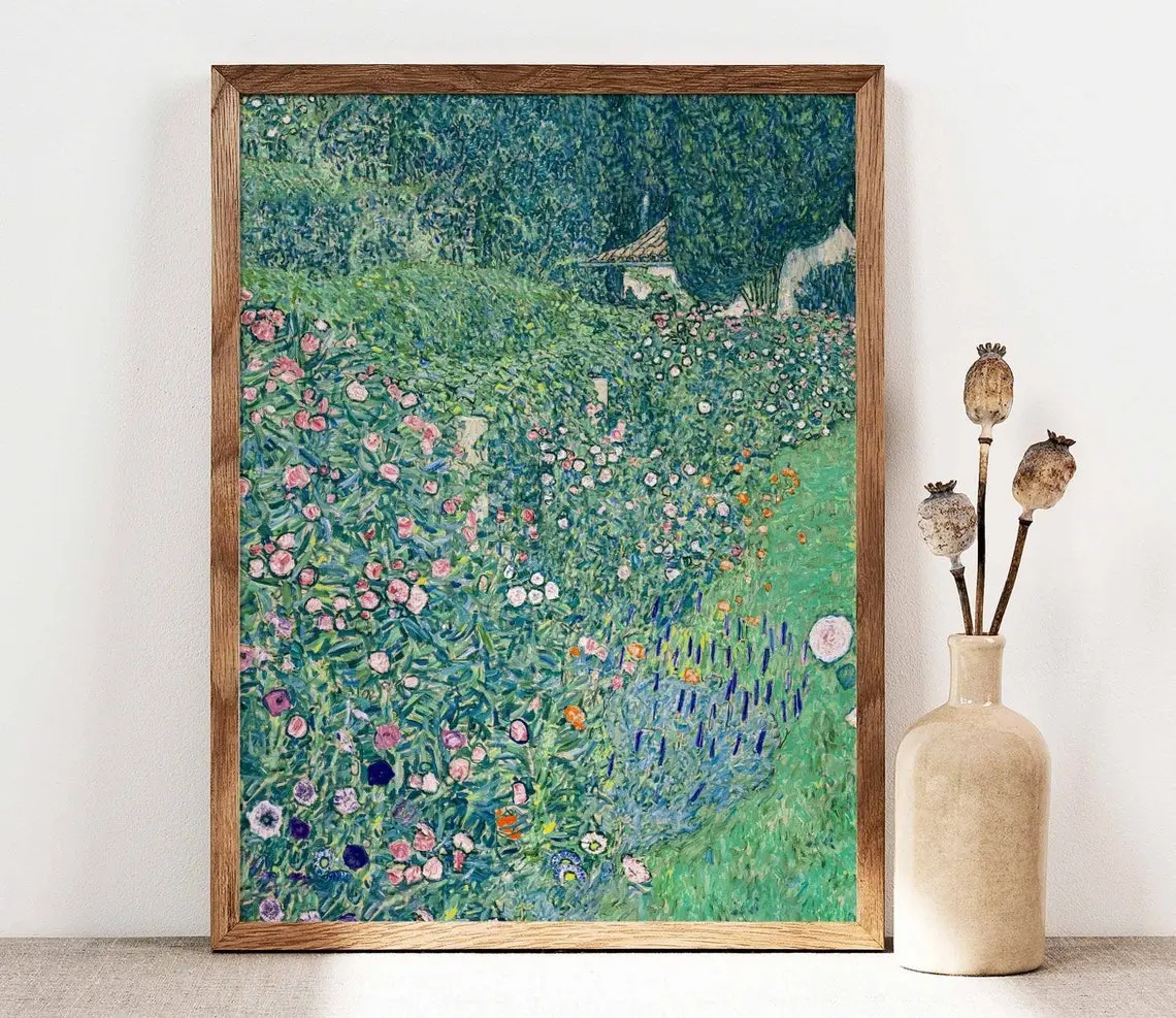 Gustav Klimt Print, Italian Garden Art, Flowers Landscape Poster, Cottage Garden Flowers Art Nouveau Print, Botanical Poster Decor Wall Nature Prop Ornaments Room