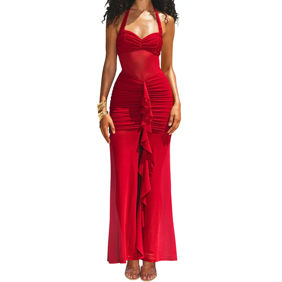 Aprilake Women's Sleeveless Halter Neck Sexy Mesh Bodycon Ruched Front Split Ruffle Long Maxi Dress - TikTok Shop Aprilake Women's Sleeveless Halter Neck Sexy Mesh Bodycon Ruched Front Split Ruffle Long Maxi Dress - TikTok Shop