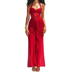 Aprilake Women's Sleeveless Halter Neck Sexy Mesh Bodycon Ruched Front Split Ruffle Long Maxi Dress