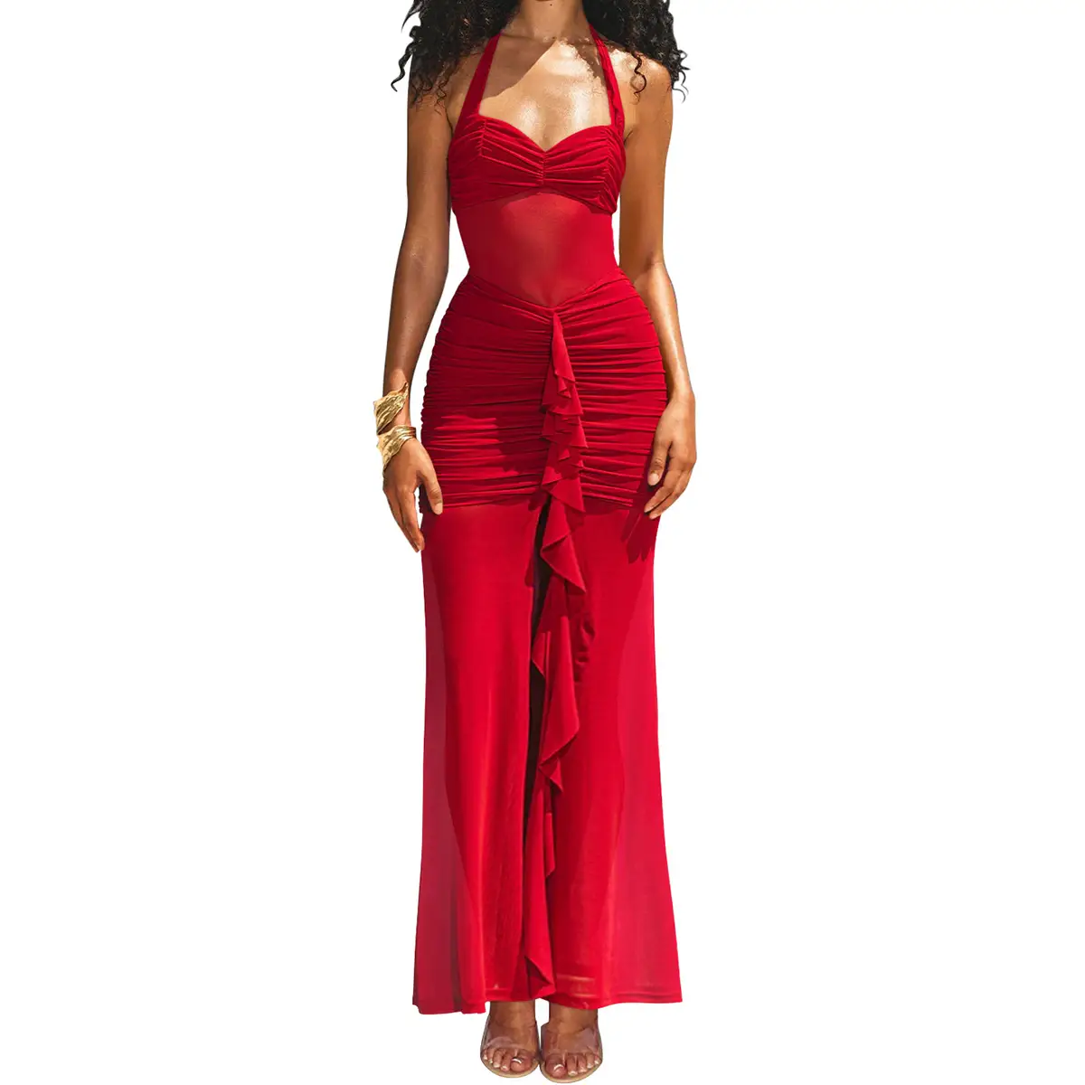 Aprilake Women's Sleeveless Halter Neck Sexy Mesh Bodycon Ruched Front Split Ruffle Long Maxi Dress