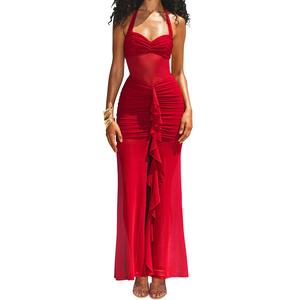 Aprilake Women's Sleeveless Halter Neck Sexy Mesh Bodycon Ruched Front Split Ruffle Long Maxi Dress