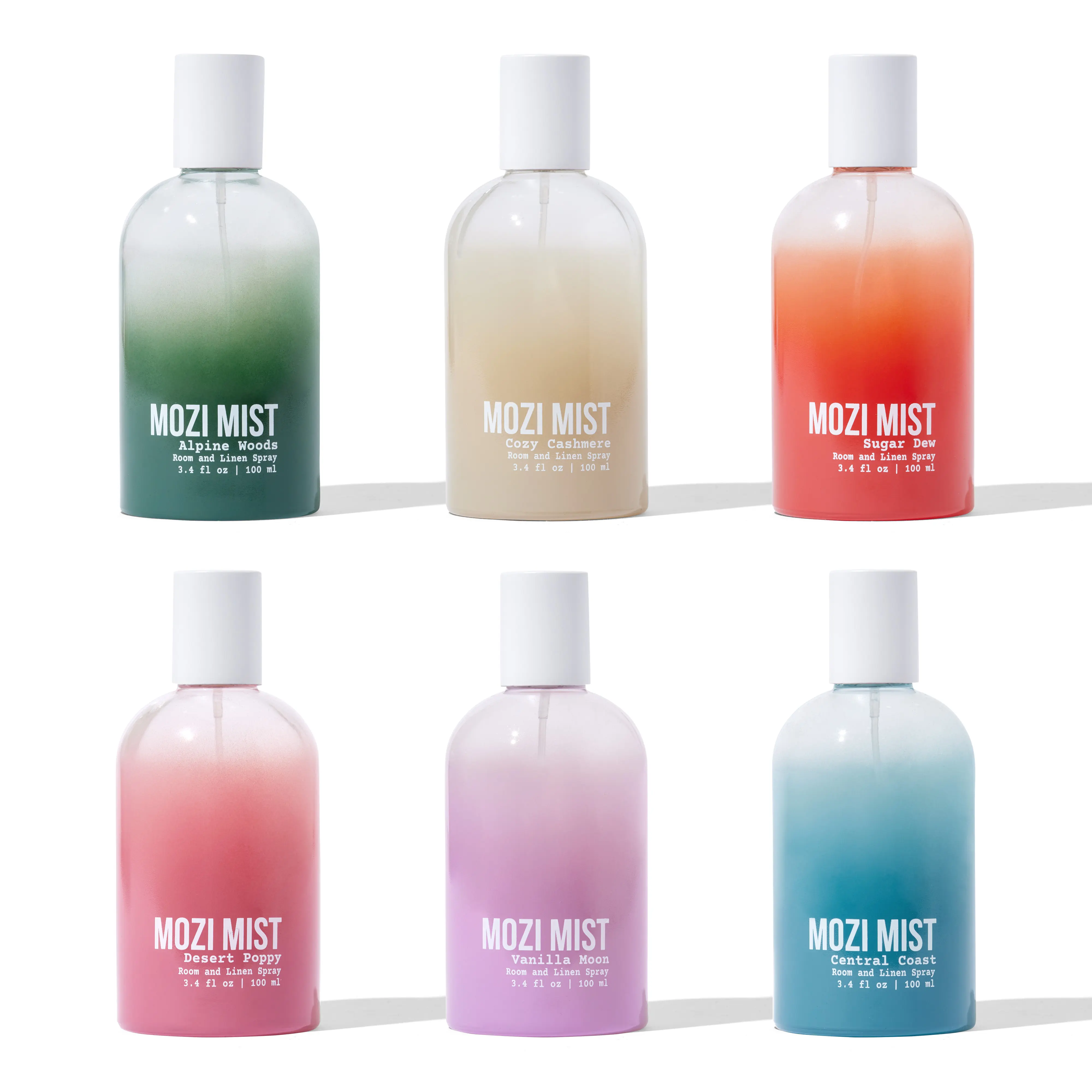 6 Scent Mozi Mist Bundle - Variety Pack of Alpine Woods, Central Coast, Cozy Cashmere, Desert Poppy, Sugar Dew, Vanilla Moon