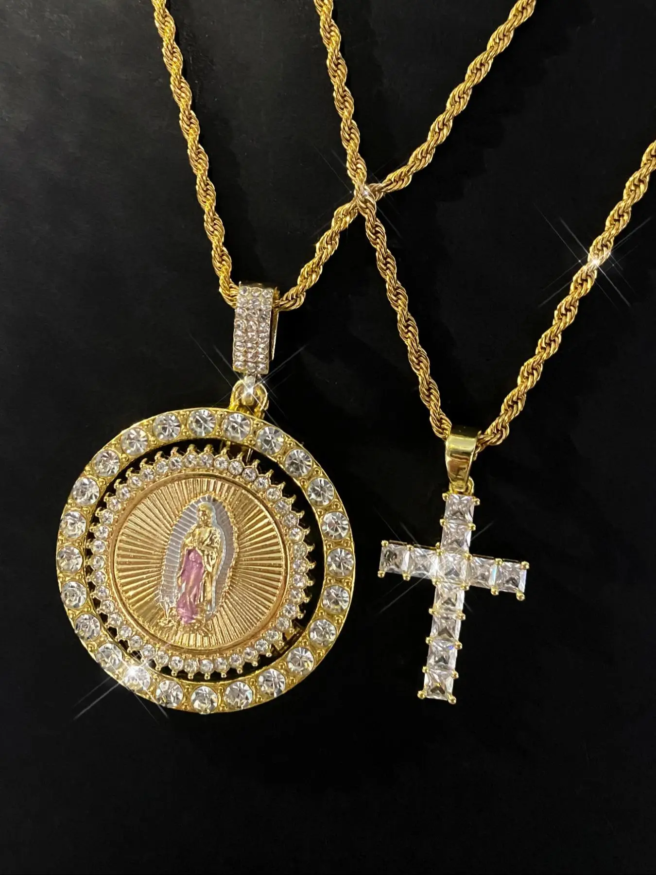 Virgin Mary Pendant Rope Chain & Cross Pendant Necklace, Rhinestone Decor Layered Necklace, Fashion Jewelry Accessories for Women & Men