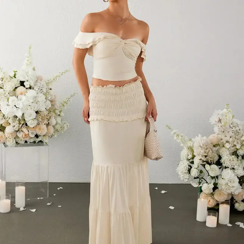 Two-Piece Set Women's Off Shoulder Twist Front Crop Top & Ruffle Hem Shirred Skirt Two-piece Set, Elegant Chic Fashion Elegance Layered Sleeve Cropped Top & Frill Trim Skirt for Daily Outdoor Wear, Ladies Outfits for Summer Feminine Womenswear Clothes