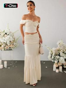 two-piece set women's off shoulder twist front crop top & ruffle hem shirred skirt two-piece set, elegant fashion layered sleeve cropped top & frill trim skirt for daily outdoor wear, ladies outfits for summer