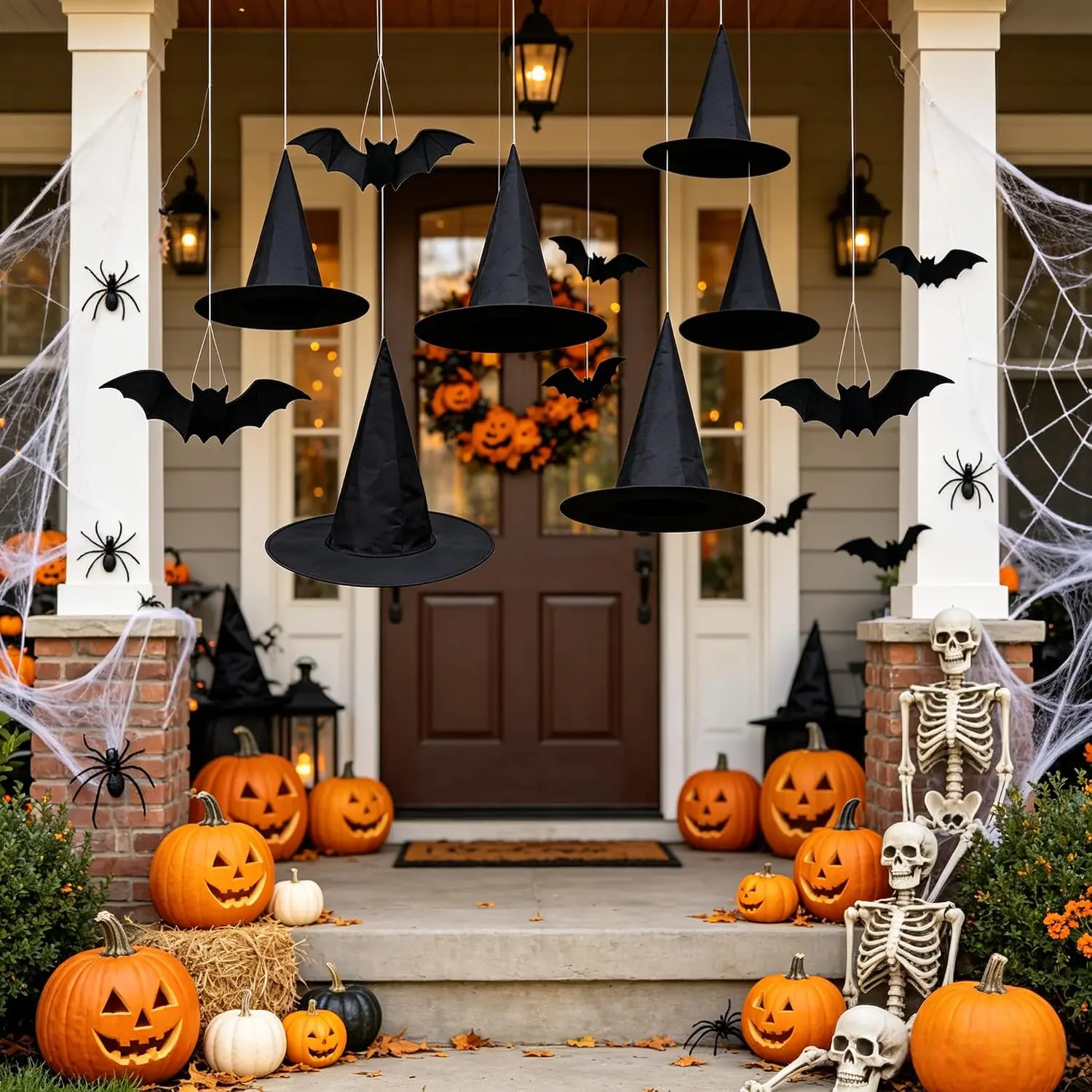 12PCS Halloween Witch Hats with Hanging Pope, 32PCS 3D Bat Stickers - Halloween Party Decorations for Indoor & Outdoor Hanging Use, Halloween Decorations