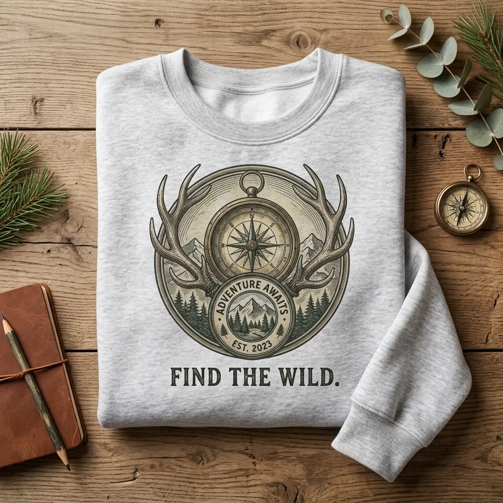 Women's Boho Pullover Sweatshirt - Hunting Duck Graphic, Compass, Antlers, Adventure Badge & "Find the Wild."