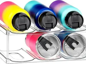 LARGER Compartment - Stackable Water Bottle Organizer Holder - for Stanley & Others' Large Tumbler - Clear Wine Rack, Cup Bottle Holder for Cabinet Home Countertop Fridge Pantry Shelf, 2 Tier Hold 6
