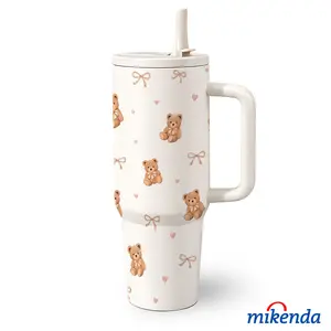 1 Pc 40 Oz Stainless Steel Water Cup with Handle and Straw, Cute Teddy Bear and Bow Heart Design, Double Wall Insulated Thermal Mug, Hot 12H/ Cold 24H, Fun Drinkware, Stainless Steel Tumbler, Perfect Mother's Day, Easter or Birthday Gift for Friends.