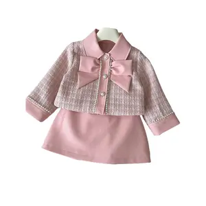 2pcs '& Plaid Skirt Set with Pearl-Adorned Jacket - Pink Winter Outfit, A-Line Pencil Skirt & Matching Coat Fall/Winter, Cozy Casual to Semi-Formal Wear, Durable & Easy-Care Tweedle-Tweed Style (No Ironing) - Ideal Everyday & S