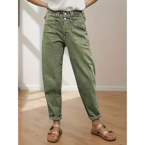 Women’s stretch mid-rise straight jeans — olive green, button closure, belt loops, slash pockets; four-season jeans for casual and semi-formal occasions; women’s baggy pants/jeans; street fashion; machine washable
