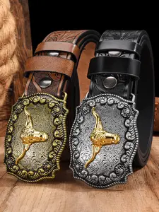Men's Vintage Style Genuine Leather Belt with Bull Head Alloy Buckle, Western Belt Buckles, Unique Printed Design, Perfect for Jeans and Casual Wear, Western Concho Belts