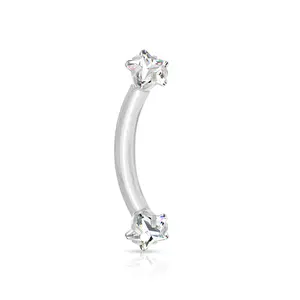 Internally Threaded Prong Set CZ Crystal Star Ends Curved Barbell - Stainless Steel
