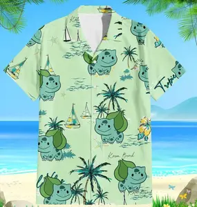Bulbasaur Tropical Hawaiian Shirt, Cute Anime Aloha Button-Up, Summer Beachwear, Vacation Outfit, Unisex Gift